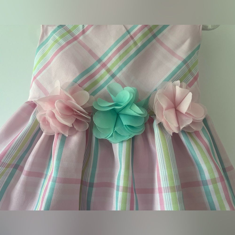 Good Lad “Perfectly Dressed” Pink Plaid Dress with Mint & Blush Flower Accents - Picture 3 of 6